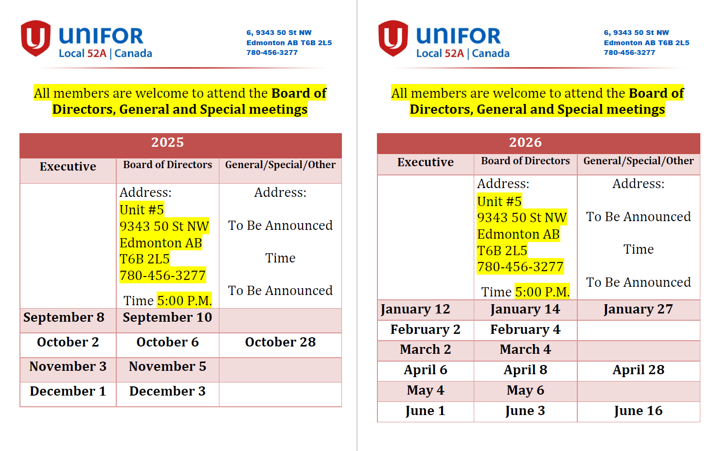 Unifor Local 52-A 2025/2026 Meetings