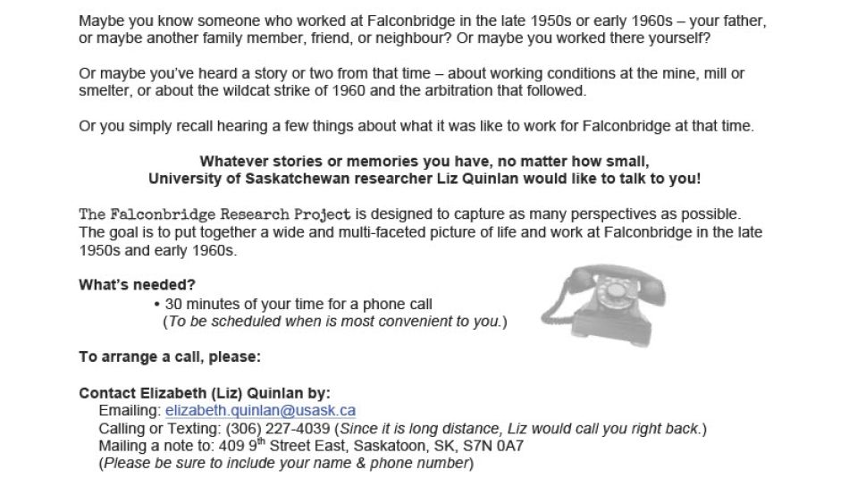 Falconbridge Research Project call for participants