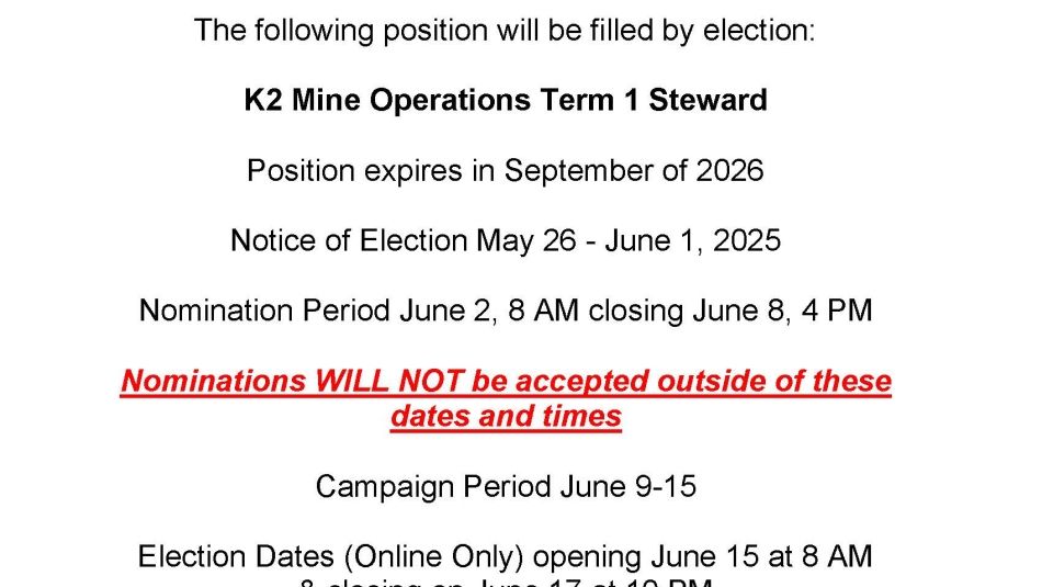 Notice of By-election for K2 shift.
