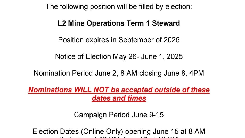 Information regarding an upcoming By-Election for Mine Ops