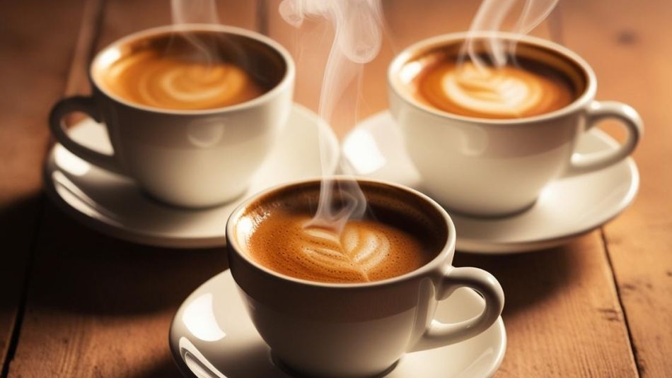 Three cups of steaming coffee on a table