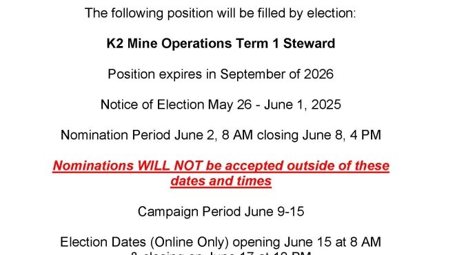 Notice of By-election for K2 shift.