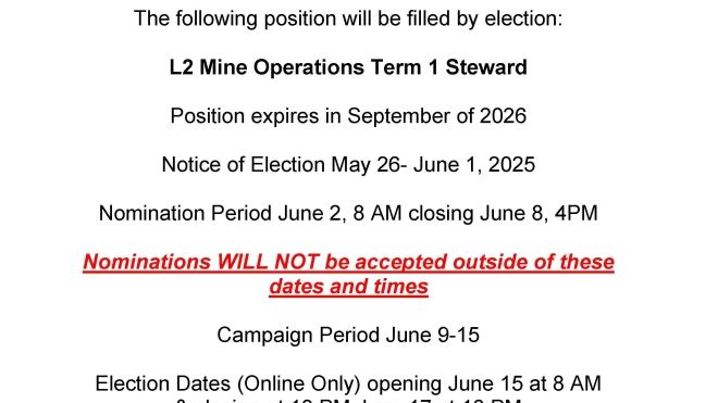 Information regarding an upcoming By-Election for Mine Ops