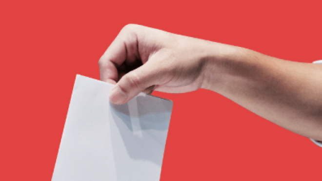 red background with hand inserting nomination form into slot