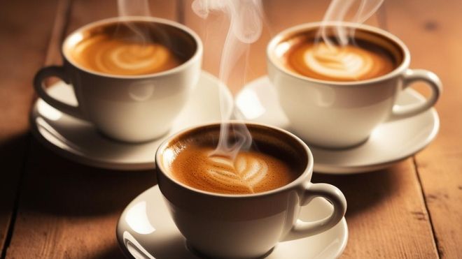 Three cups of steaming coffee on a table