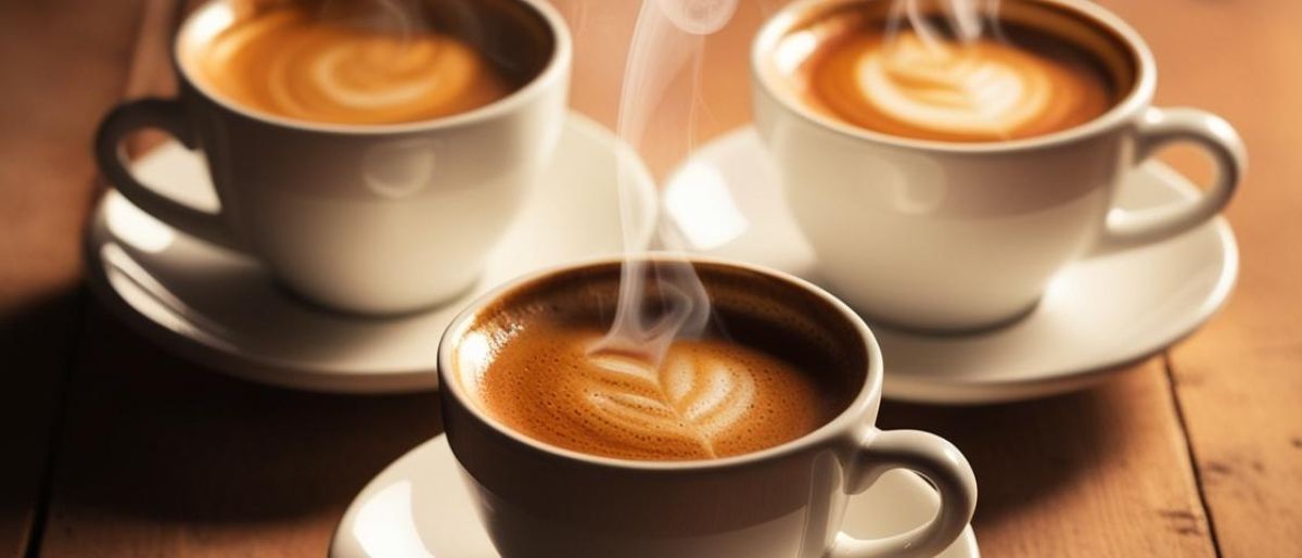 Three cups of steaming coffee on a table